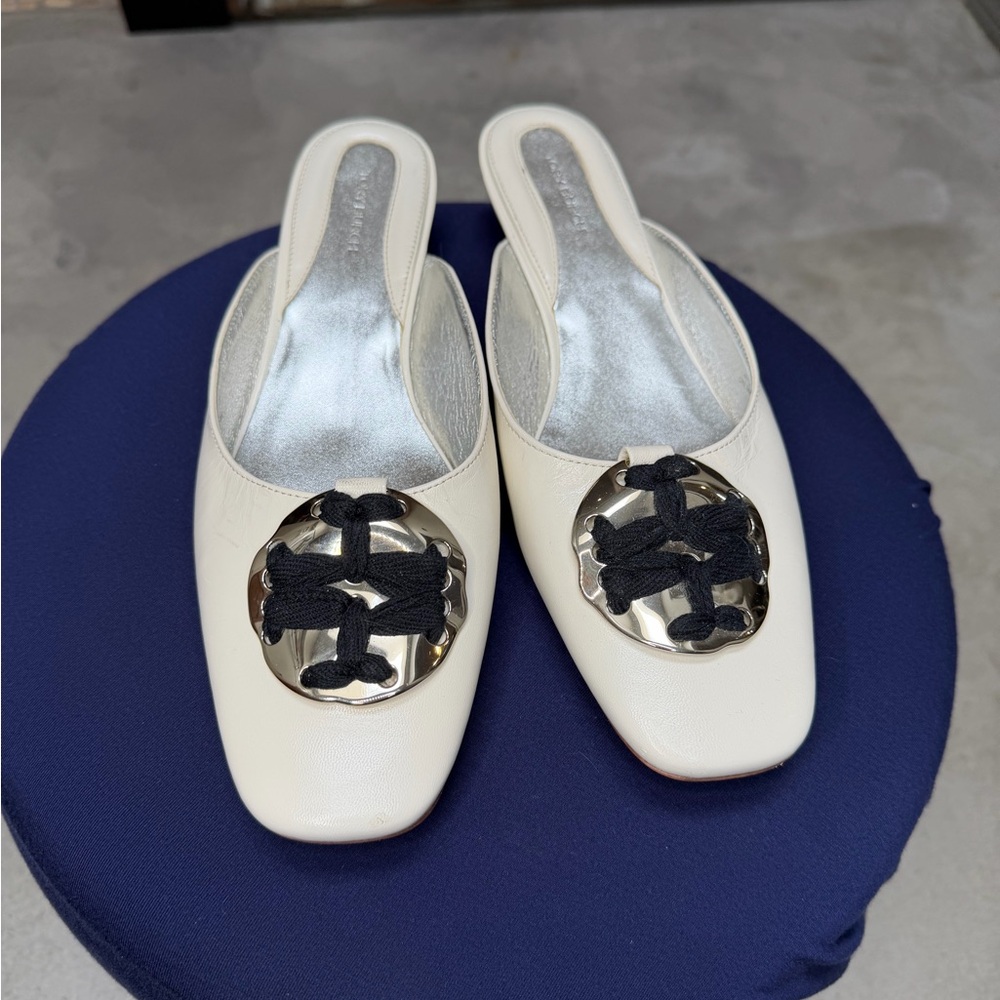 Tory Burch Patos Lego Kitten Heel Ivory/Black Mules with Silver Accent-size 9.5